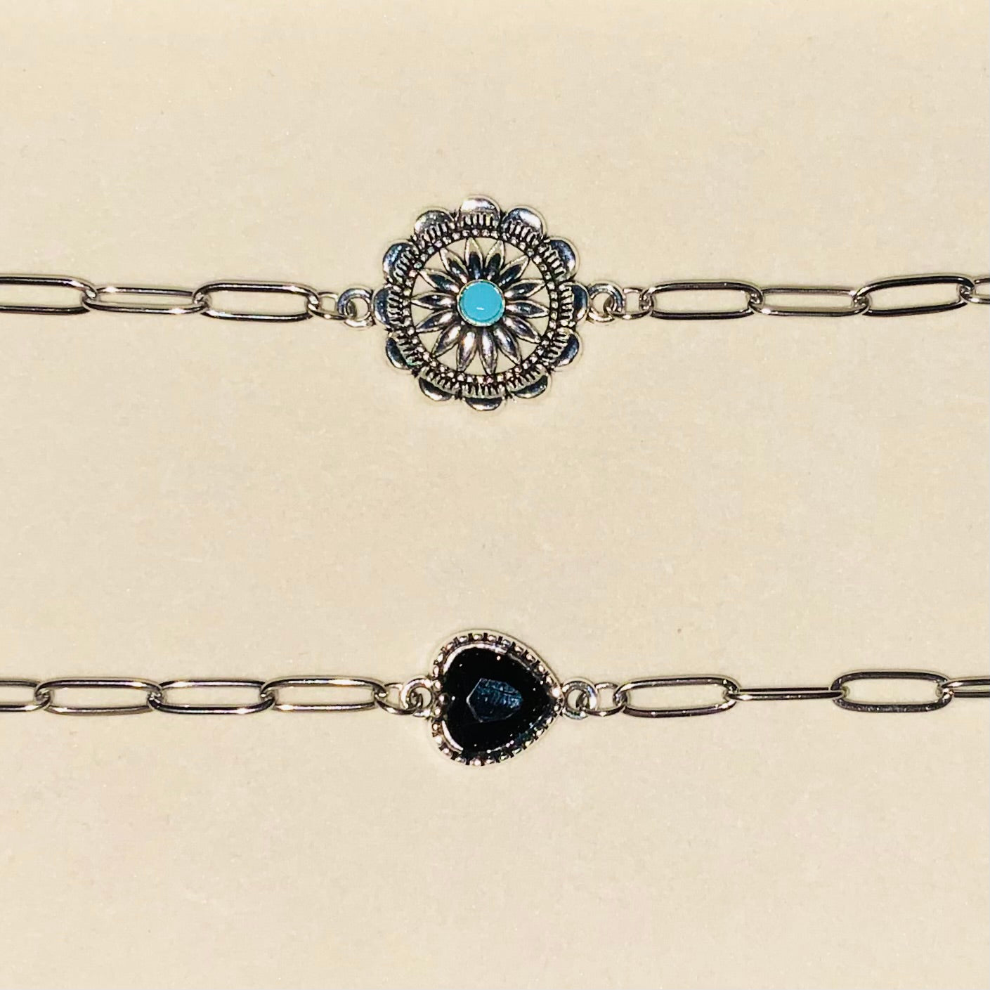 Turquoise Style Resin And Silver Flower Ankle Chain / Connector Bracelet