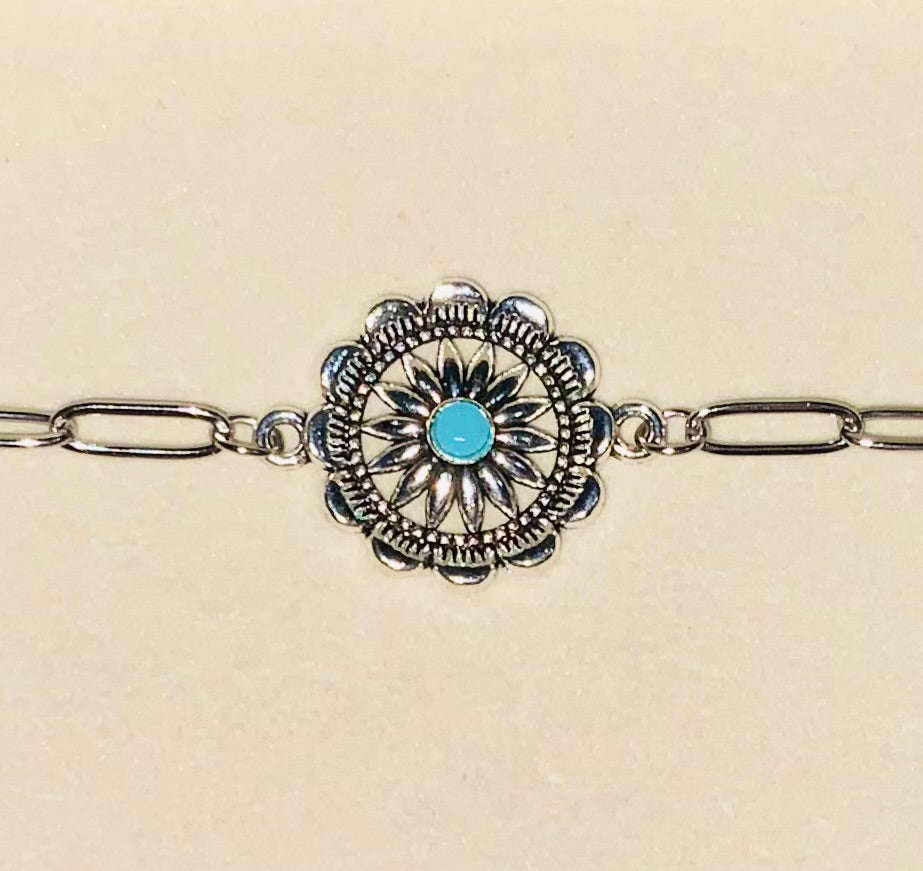 Turquoise Style Resin And Silver Flower Ankle Chain / Connector Bracelet