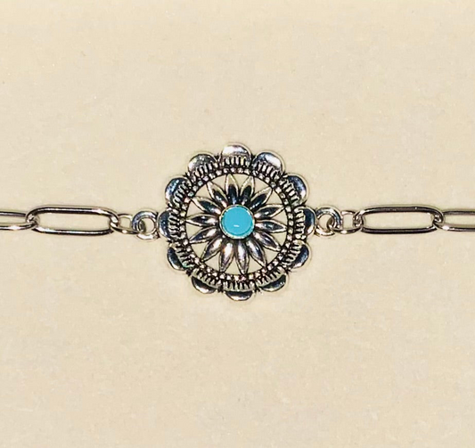 Turquoise Style Resin And Silver Flower Ankle Chain / Connector Bracelet