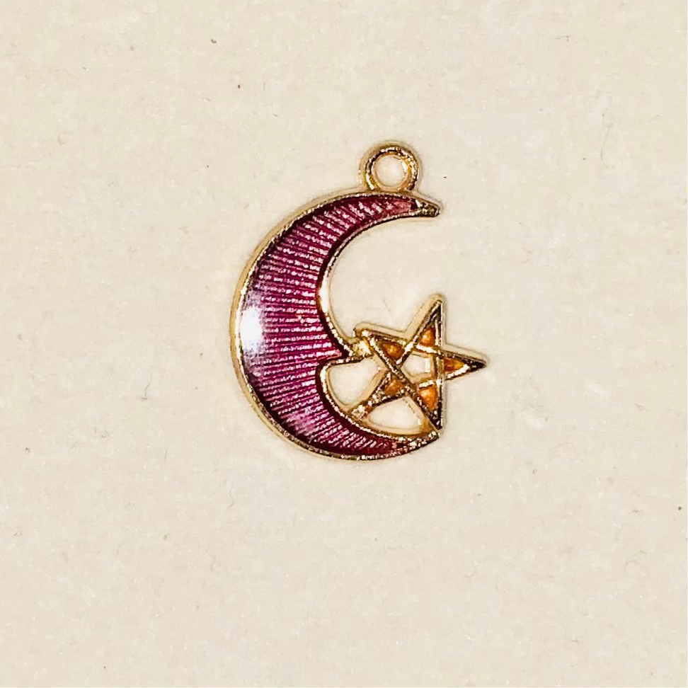 Glass Crescent Moon & Star Faux Leather Pendant