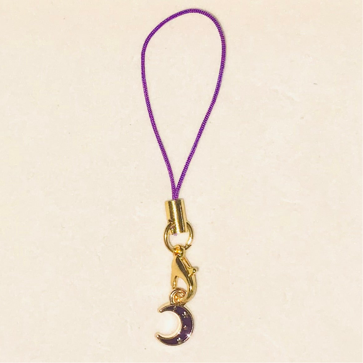 Enamel Style Mini Crescent Moon Charm with Gold Lanyard-Mobile Phone Charm-Celestial Phone Accessory-Moon Keychain-Astrology Bag Charm-Gold Zodiac Keyring-Purple Moon Charm