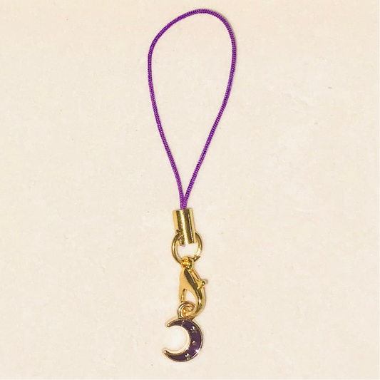 Enamel Style Mini Crescent Moon Charm with Gold Lanyard-Mobile Phone Charm-Celestial Phone Accessory-Moon Keychain-Astrology Bag Charm-Gold Zodiac Keyring-Purple Moon Charm