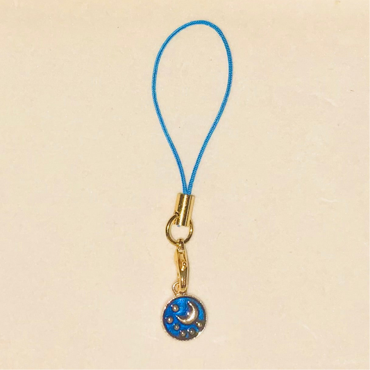 Enamel Style Mini Moon Charm with Gold Lanyard-Mobile Phone Charm-Celestial Phone Accessory-Moon Keychain-Astrology Bag Charm-Gold Zodiac Keyring-Blue Moon Charm