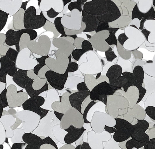 Black Grey White Confetti Mix-Monochrome Heart Confetti-Wedding Confetti-Grey Baby Shower-Table Confetti-Black Birthday Confetti-Paper Heart