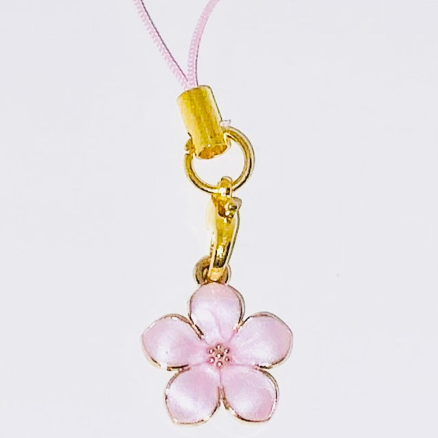 Sakura Phone Charm with Gold Lanyard-Cherry Blossom Jewelry-Gold Sakura Bag Charm-Cherry Blossom Keyring-Kawaii Sakura Japanese Keyring
