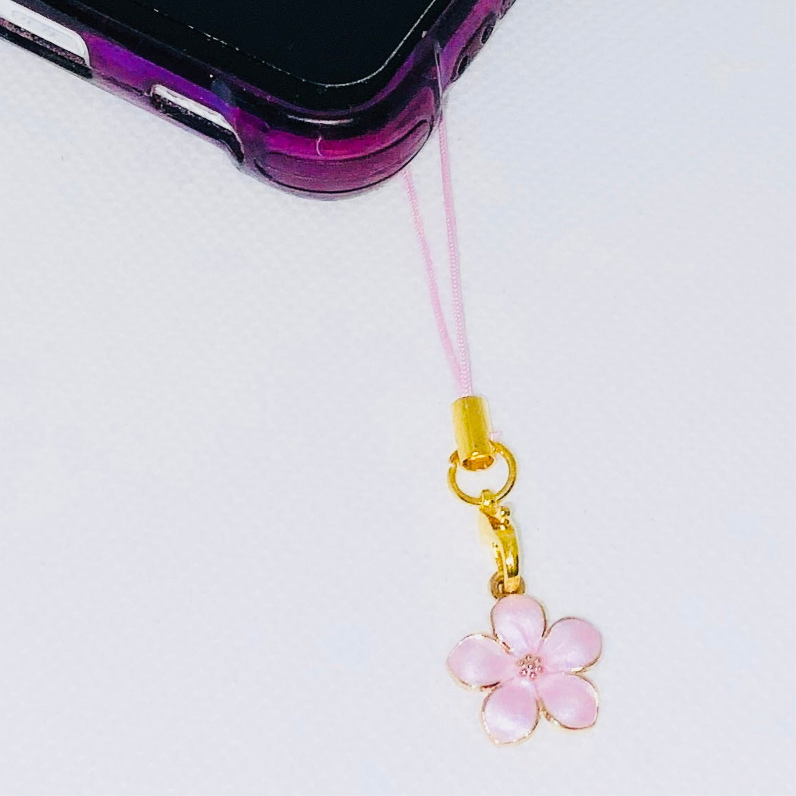Sakura Phone Charm with Gold Lanyard-Cherry Blossom Jewelry-Gold Sakura Bag Charm-Cherry Blossom Keyring-Kawaii Sakura Japanese Keyring