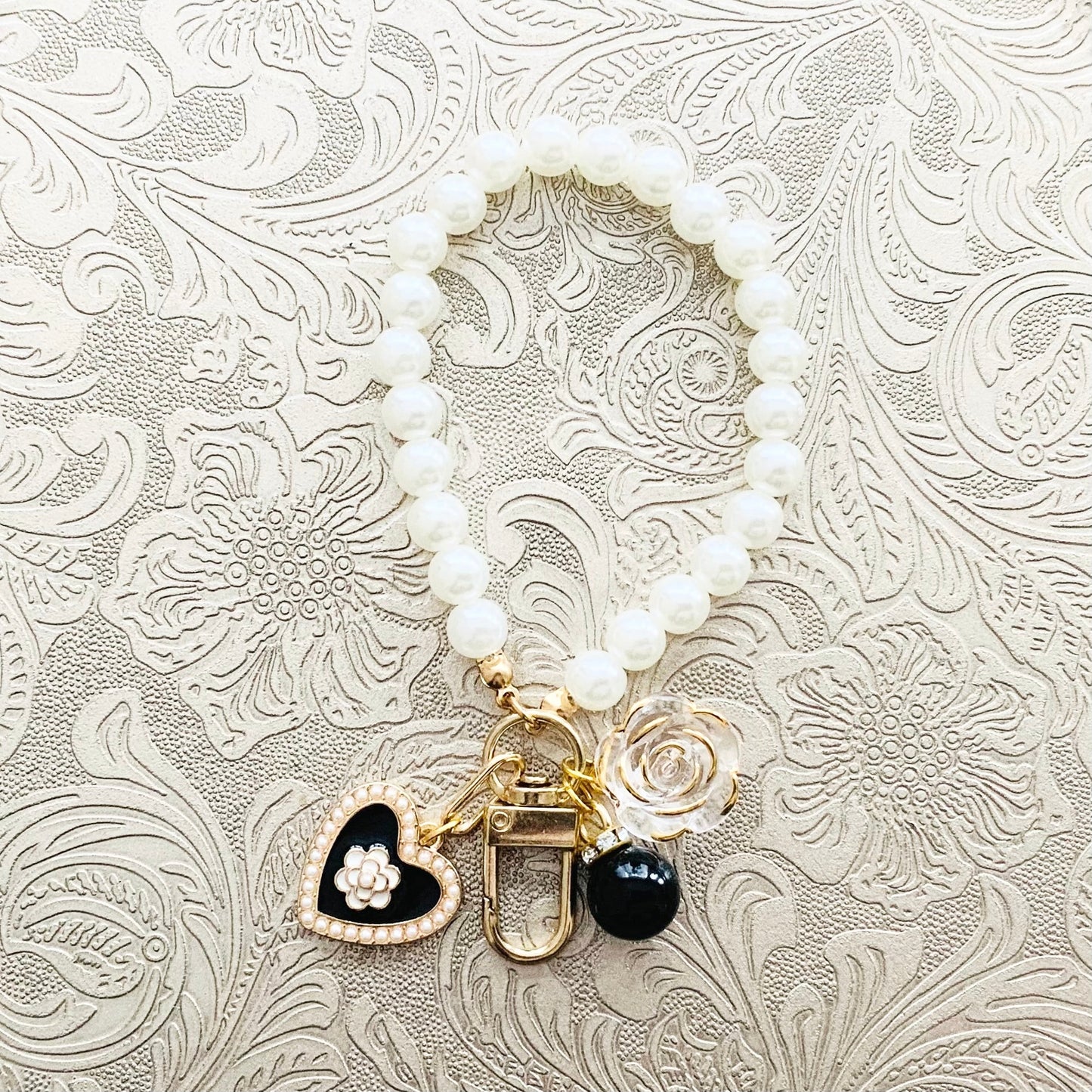 Pearl Beaded Camellia Keyring/Bag Charm