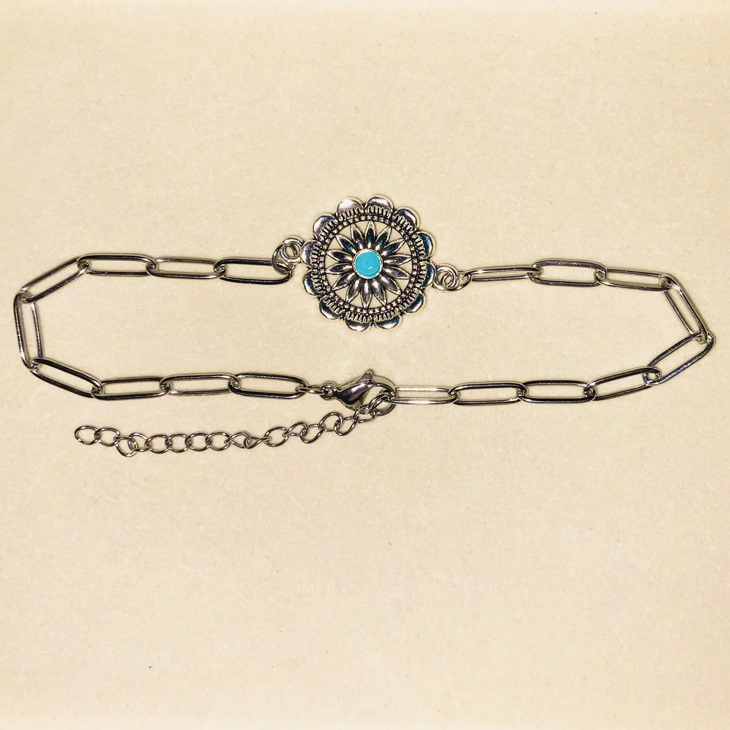 Turquoise Style Resin And Silver Flower Ankle Chain / Connector Bracelet