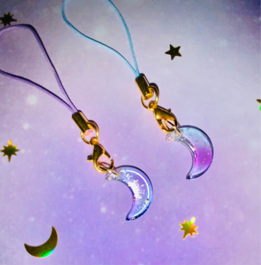 Glass Crescent Moon Charm with Gold Lanyard-Mobile Phone Charm-Celestial Phone Accessory-Moon Keychain-Astrology Bag Charm-Gold Zodiac Keyring-Glass Moon Charm