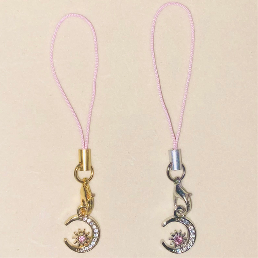 Crescent Moon & Star Rhinestone Charm with Lanyard-Mobile Phone Charm-Celestial Phone Accessory-Moon Keychain-Astrology Bag Charm-Zodiac Keyring-Bling Moon Charm-Crystal Phone Charm