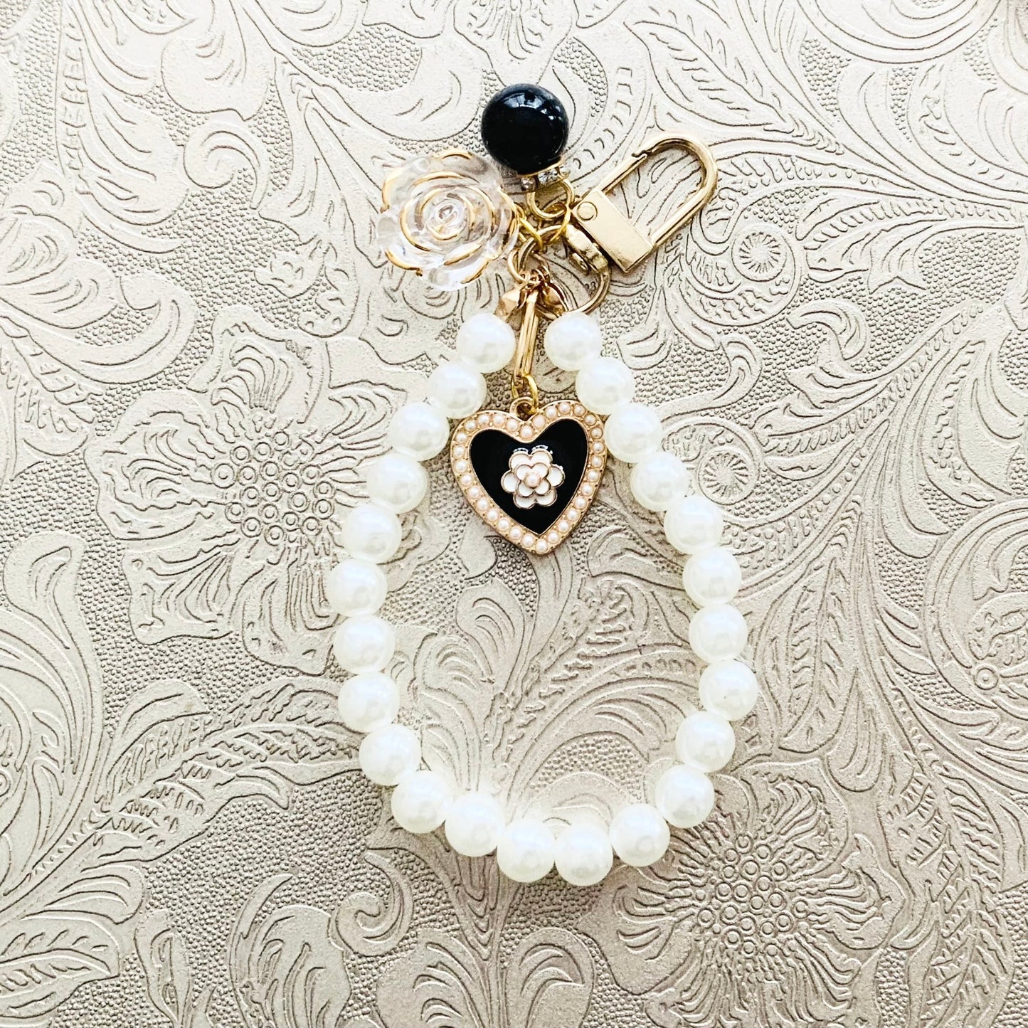 Pearl Beaded Camellia Keyring/Bag Charm